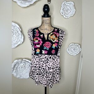 NTM: Savanna Jane Poppy Leopard Floral Embroidered Pink & Black Blouse Size L